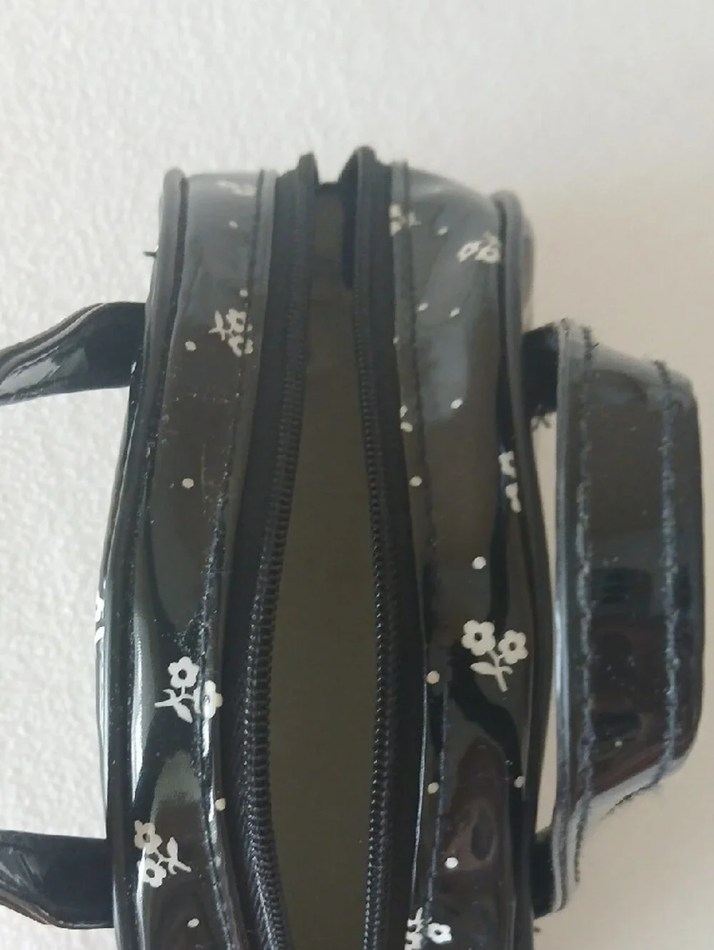 Vintage 80s Lancome Black Floral Patent Leather Dome Cosmetic Bag